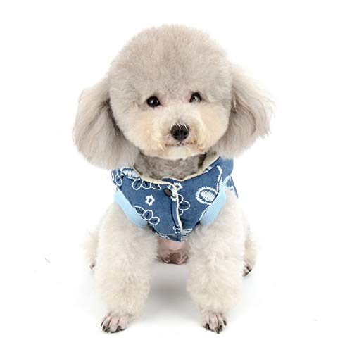 Selmai Denim Dog Winter Coat Hoodie Fleece Lined Small Pet Warm Down Jacket Fashion Floral Printed Girls Dog Cold Weather Coats Vest Hooded Thickening Padded Windproof Pet Parka Clothes Darkblue S #TOP7