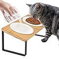 Cat Food Bowl Anti Vomiting, Ceramic Cat Bowls With Stand Tilted, Raised Cat Bowl for Food and Water, Tilted Cat Bowl, Bamboo Cat Feeding Station, Elevated Cat Bowl with 14 cm Diameter (Wood color)