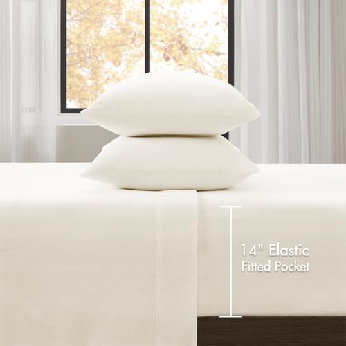 Image of True North by Sleep Philosophy Micro Fleece Bed Sheet Set, Warm, Sheets with 14 inch Deep Pocket, for Cold Season Cozy Sheet-Set, Matching Pillow Case, King, Ivory, 4 Piece