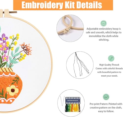 Image of GLTAYLMY 3pcs Embroidery Starter Kit with Vase Pattern, Stamped Cross Stitch Kits for Beginners Adults with Embroidery Hoop and Instructions, Hand Embroidery Kit