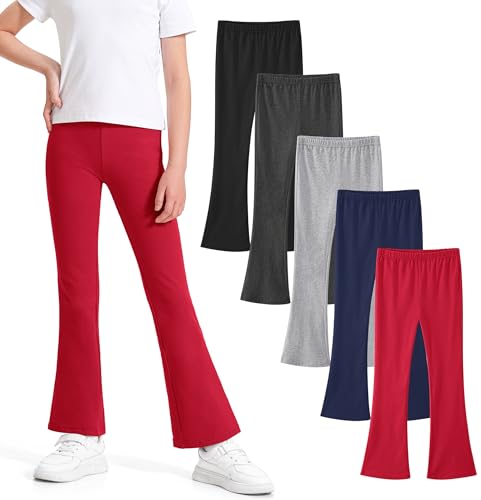 Image of BOOPH 5 Pack Girls Flare Leggings Kids Bell Bottom Pants Cotton Clothes | High Waist Casual Pants for Teen Girl 5-14 Years