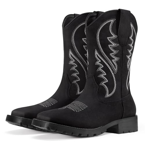 Image of Rollda Cowboy Boots for Men Western Boots Men's Square Toe Chunky Heel Mid-Calf Boots Classic Embroidered Pull On Boots