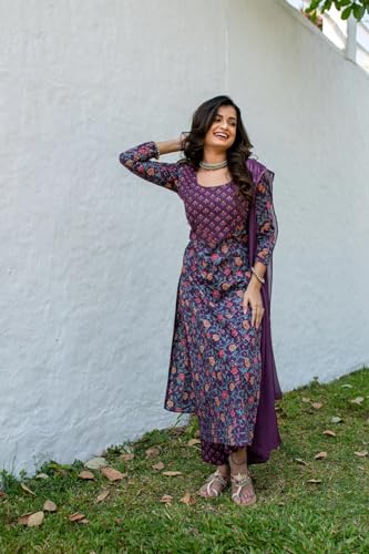 Image of GoSriKi Women's Cotton Blend Kurta with Pant & Dupatta
