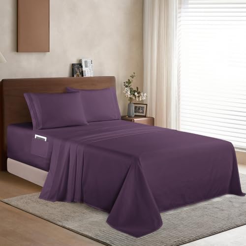 Image of Elegant Comfort Luxury 1500 Premium Hotel Quality Microfiber 4-Piece Sheet Set - Soft, All Around Elastic 18-24 Inches Deep Fitted Sheet - Extra Deep Pocket Sheets, Twin /Twin XL, Eggplant-Purple