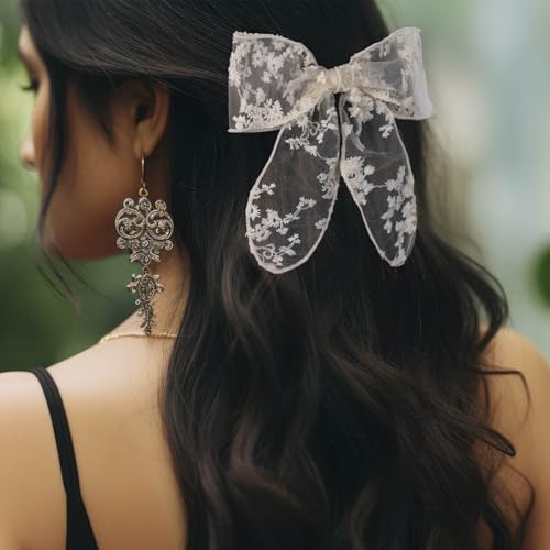 OIIKI 2pcs Pinzas para el Cabello con Lazo de Encaje, Clips Grandes de Lazo de Tul para Mujeres, Boda - Negro y Beige miniatura 3