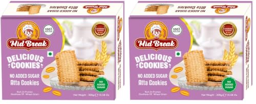 Image of Mid Break No Added Sugar Atta Biscuits 300g (Pack of 2) | 100% Whole Wheat Cookies | Healthy Tea-Time Snack | Eggless & Vegetarian Handmade Biscuits
