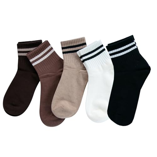 Deeorla Womens Striped Crew Socks Brown Vintage Retro Athletic Socks 5 Pairs2