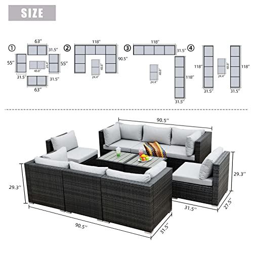 Nicesoul® Large Size Pe Rattan Outdoor Patio Furniture Sectional Sofa Sets With Side Tables Outdoor Wicker Conversation Sets Modern Luxury (Gray, 10 Pieces Sectional) #TOP2