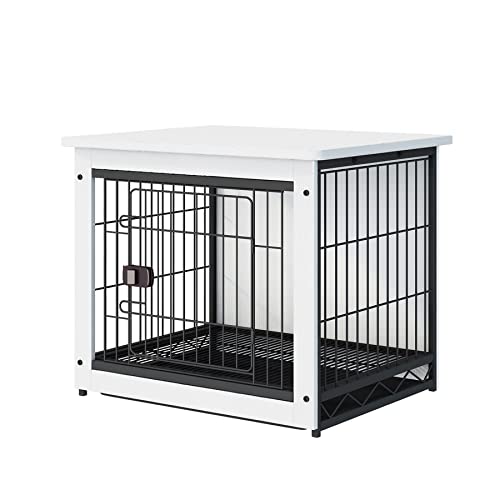 SPRICHIC Pet Cage with Crate Cover - Dog Crate Furniture, Wooden Wire Dog House, Decorative Indoor Kennel, End Table, Night Stand, Warm White, Small