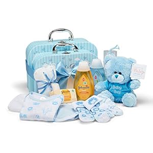 Baby Gift Set – Baby Shower Hamper in Blue with Baby Clothes, Teddy Bear and Gifts Presented in 2 Keepsake Boxes