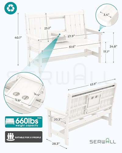 Image of SERWALL HDPE Outdoor Bench with Cup Holder Oversized 58 inch Porch Bench, White