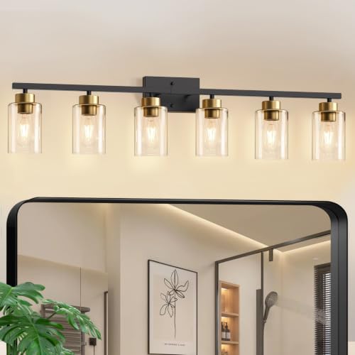 Image of IZORRO Bathroom Light Fixtures, Modern Vanity Lights, Bathroom Lighting Fixtures Over Mirror with Clear Glass Shade, Wall Sconce for Living Room Cabinet Bedroom (Black and Gold, 6-Light)