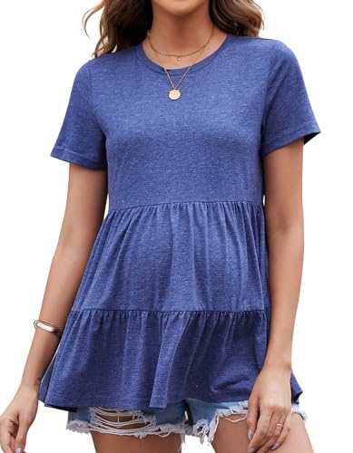 Brynmama Kurzarm Umstandsshirt Fließende Schicht Umstandsmode T-Shirt mit Rüschen Freizeit Basic t Shirt Schwangerschaft Damen Dunkelblau, S