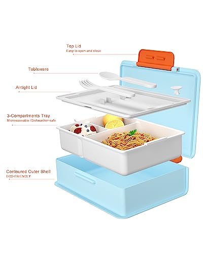 Fooyoo Bento Box Adult Lunch Box, Bento Box For Kids, 3 Compartment 1050Ml Leak-Proof Bento Lunch Box For Kids, Bpa-Free, Freezer, Dishwasher And Microwavable Safe (Blue) #TOP3