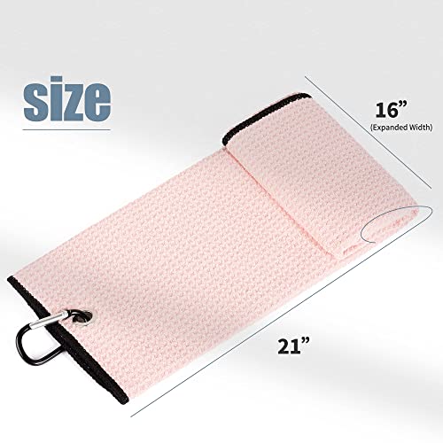 Mile High Life Microfiber Waffle Pattern Tri-Fold Golf Towel | Brush Tool Kit With Club Groove Cleaner, Retractable Extension Cord And Clip (Pink Towel+Pink Brush) #TOP3
