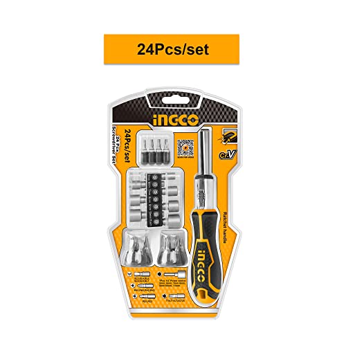 Image of INGCO HKSDB0248 24 Pcs Screwdriver Set, 16 Pcs 6.35X25mm Screwdriver Bit, INGCO Style Ratchet Handle, High Auality Cr.V Material, Heavy duty, High Torque Resistance Screwdriver Set (1 Set)