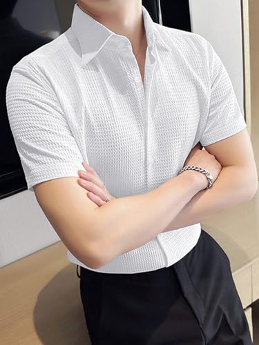 Image of GRECIILOOKS Shirt for Men | Mens Casual Shirt | Men Stylish Shirt | Men Waffle Shirt | Men's Regular Fit | Men Formal Shirt | Short Sleeve Shirt for Summer Outdoor Activities |Textured Shirts for Men