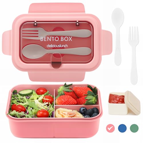 Bugucat Bento Lunch Box 1200ML, Kids Lunchbox with 3 Compartments and Cutlery,Leak-Proof Snack Boxes for Adult, Bento Boxes for School Kindergarten Office, Microwave Dishwasher Safe, Pink