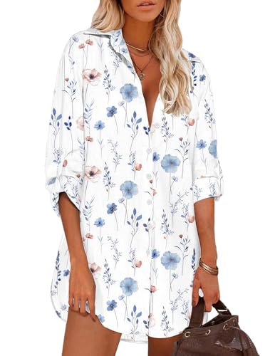 Image of HOTOUCH Women Boyfriend Shirts Button Down Long Sleeve Blouse Cuffed Sleeve Collared Shirt