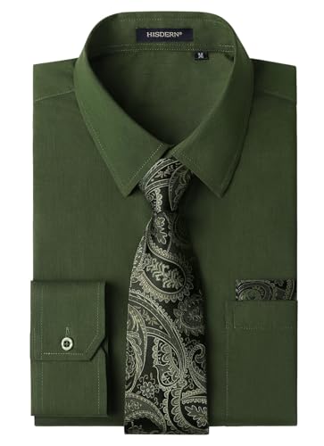 HISDERN Chemise Vert Homme Manches Longues Formelle Chemises Business avec Cravate Habillée Chemise Mariage Casual avec Poche Regular XL