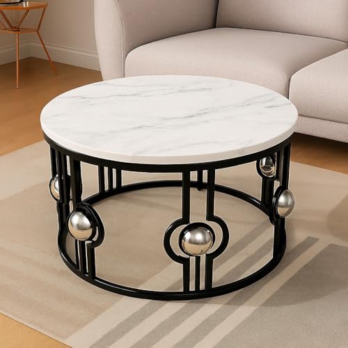Image of CROWN ART SHOPPEE Nesting Tables Made of Engineered Wood Coffee Table, Small Accent End Table, Round Sofa Side Table, Living Room, Bedroom Black White