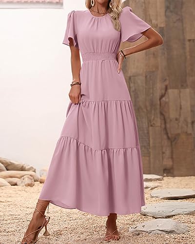 Image of PRETTYGARDEN Women's Casual Smocked Boho Floral A-Line Maxi Dress 2026 | Summer Short Flutter Sleeve Crewneck Tiered Long Sundress,Fall Wedding Guest Dresses,Spring Cute Flowy Beach Vacation Clothes