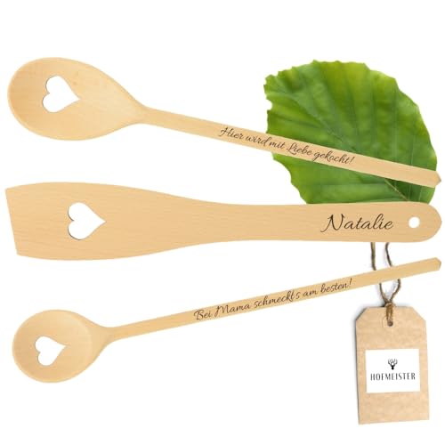 HOFMEISTER® 3-teiliges Koch-Set Herz Gravur - 2x Kochlöffel & 1x Pfannenwender - personalisiertes Geschenk mit Namen, Kochlöffel mit Herz für Verliebte, zum Valentinstag, Muttertag aus Holz, 30 cm