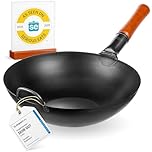 YOSUKATA Carbon Steel Woks and Stir Fry Pans 34 cm - Traditional Chinese Japanese Wok with Flat Bottom - Compatible with Induction, Electric, Ceramic, Gas cooktops, and Open Flame, BBQ, Grill
