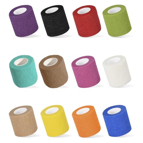 Selbstklebender Verband, 12 Rollen 7.5cm x 4m Selbsthaftende Bandage für Erste Hilfe Fixierbinde, Kohäsiver Verband, Selbsthaftende Elastische Haftbandage für Handgelenk Knöchel Sportler Vet Wrap