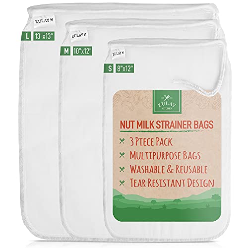 Zulay Kitchen 3 Pack Nut Milk Bag Reusable - Food Grade Nylon Nut Bag For Almond Milk & Cheese - Premium Quality All Purpose Nut Milk Bags For Straining Cold Brew Coffee, Tea, Yogurt, Juices & More