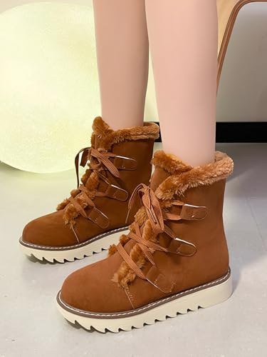 Snow Winter Boots for Women, Plush Lined Hiking Snow Winter Boots, Comfortable Hiking Booties Furry Mid Calf Warm Lightweight, Lace Up Platform Winter Boots3