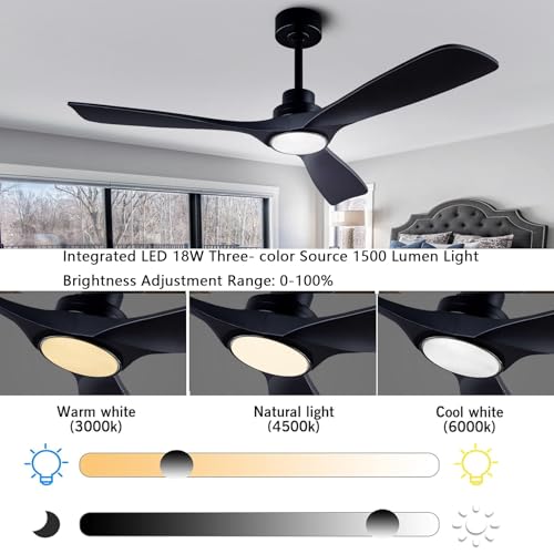 QUTWOB 52" Wood Ceiling Fan with Lights Remote Control,Quiet DC Motor 3 Blade Ceiling Fans for Patio Living Room, Bedroom, Office,Indoor Outdoor(Black) thumbnail 6