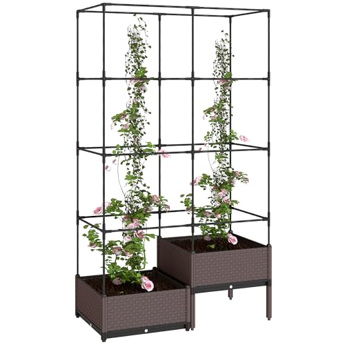 Outsunny Hochbeet Pflanzkasten mit Rankgitter, Zwei Boxen, Pflanzkübel aus Kunststoff, Blumenkasten, 100 x 50 x 174 cm Gartenspalier für Garten Balkon Terrasse, Kletterpflanzen Korbpflanzen