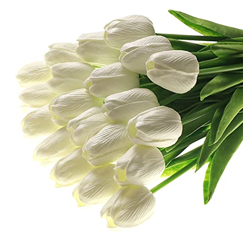 Sojiruspa White Tulips Artificial Flowers 20 Pcs Fake Faux Tulips Pu Real Touch Tulips Fake Flowers For Home Office Wedding Decor Arrangement Bouquet Faux Flowers For Decoration #TOP6