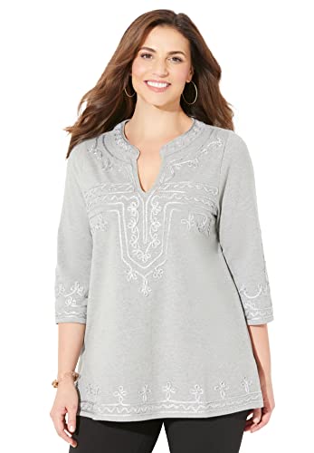 Catherines Women's Plus Size Embroidered Tunic - 1X, Medium Heather Grey Gray (6517) #TOP24