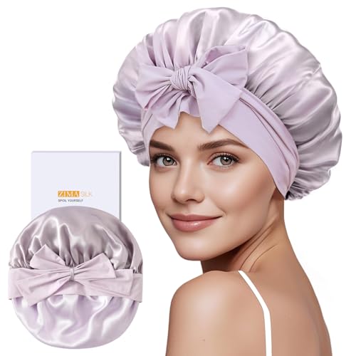 ZIMASILK 100% Mulberry Silk Bonnet for Sleeping Women Long Hair Double Layer Silk Hair Wrap with Tie Band Stay On Head (1Pc, Purple)