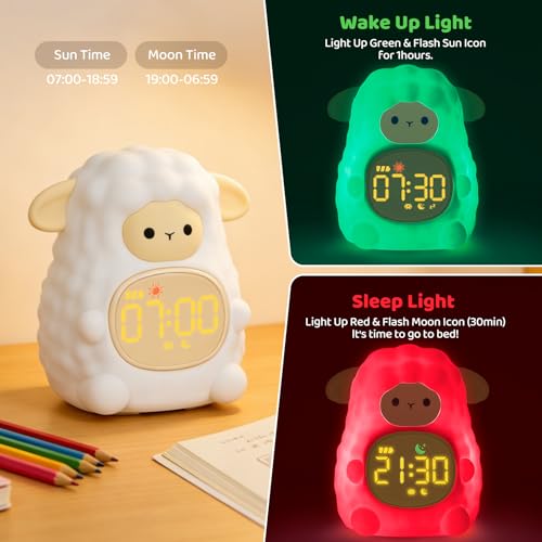 Image of Sheep Alarm Clock with Night Light for Kids with Sleep Training and Sound Machine, Rechargeable Silicone Lamp OK to Wake Clock,Cute Animal Tabletop Lamp, Perfect Sleep Companion for Boys Girls
