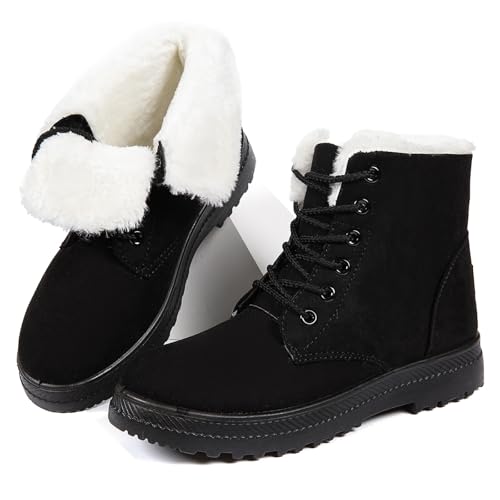 Nxdxqsn Winter Snow Boots for Women,Warm Fur Lined Ankle Boots Comfortable Suede Lace Up Booties Cute Flat Shoes,Traction (E03-Black, 6, Adult, Women, 6, Numeric, US Footwear Size System, Medium)