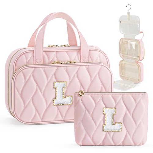 YOOLIFE Toiletry Bag Initial Makeup Bag for Women - Birthday Gifts for Women Teen Girl Gifts Trendy Stuff - Letter L Pink