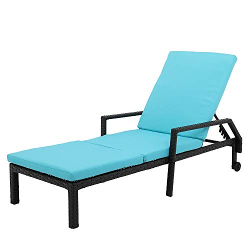 Patio Lounge Chair - Pe Rattan Wheeled Bed, Reclining Chaise Louge With Cushion And Armrest, Heavy-Duty Chair Sunbed For Outdoor Garden Patio (Blue) #TOP8