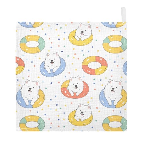 Image of vvfelixl Baby Muslin Washcloths Kawaii Samoyed Swim Baby Burp Cloths Cotton Babys Face Towel for Newborn Infants Boys Girls Soft and Absorbent 11.8 X 11.8 in, 3 Pack