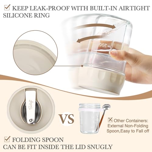 Image of SOLIGT Overnight Oats Containers with Lids, Folding Spoons and Divided Compartment for Fruit & Nuts, Small Glass 16oz Mason Jars for Oatmeal Yogurt Parfait (2 Set-Smoke Gray /Oat White)