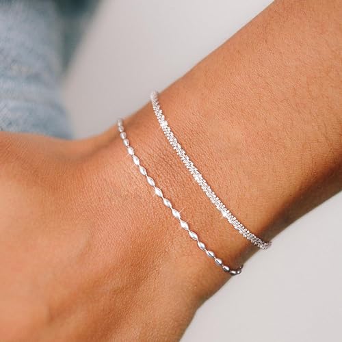 Freekiss Sterling Silver Chain Bracelet: Dainty Stackable Bracelets for Women Trendy Cute Adjustable Layered Paperclip Womens Bracelet Set Silver Waterproof Jewelry for Women4