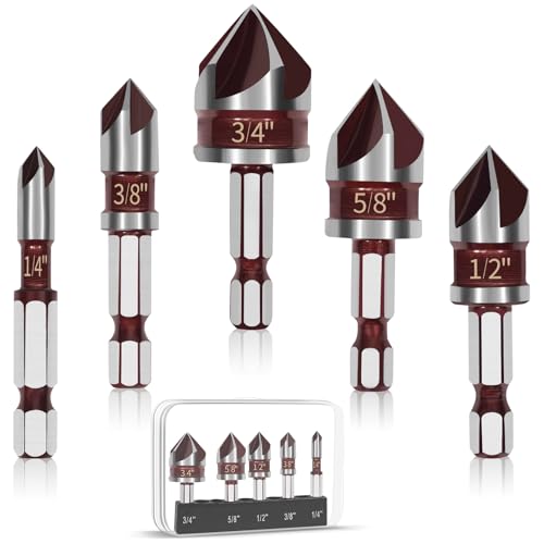 5PCS Countersink Drill Bit Set, 82 Degree Premium HSS Counter Sink Drill Bit, Size 1/4'-3/4' Quick-Change Hex Shank for Wood, Metal, Plastic