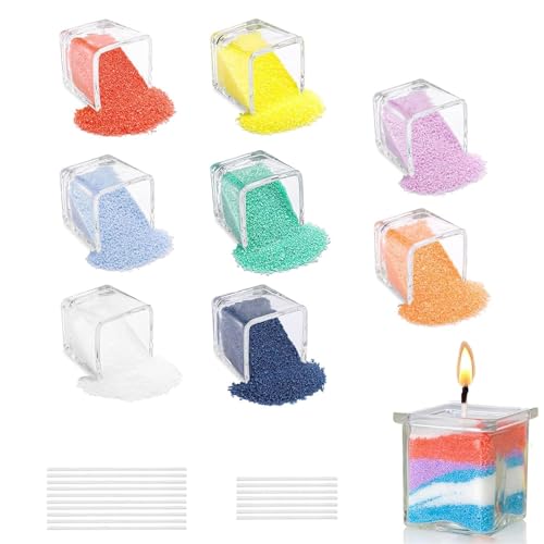 Scentoria Arena de velas, cera de parafina para velas, 8 colores, con 17 mechas, gránulos de cera para velas, cera para fundición, velas de arena para hacer velas (320 g)
