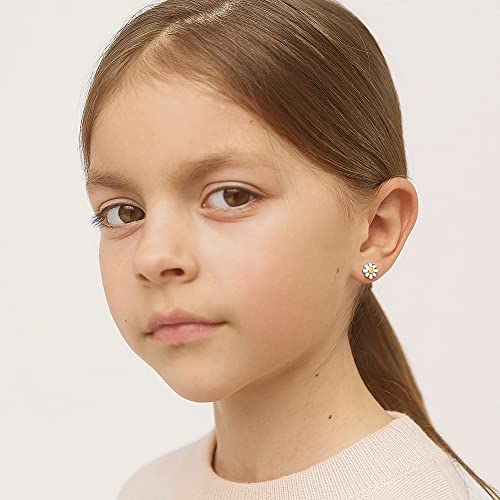 In Season Jewelry SS-03-00532 925 Sterling Silver 8Mm Daisy White And Yellow Enamel Screw Back Girl Earrings thumb #1