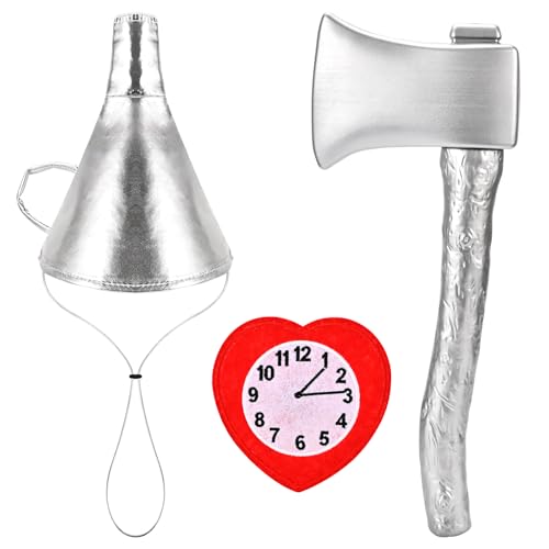 Vividsun 3PCS Tin Costume Accessories for Man Silver Axe Funnel Hat with Heart Clock Brooch Halloween Tin Costume Accessories (A)