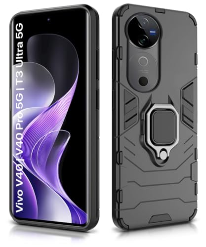 Image of WOW IMAGINE Shock Proof Back Case Mobile Cover for Vivo V40 | V40 Pro 5G | T3 Ultra 5G | Back Cover Case (Tough Armor | Hybrid PC + TPU | Ring Holder & in-Built Kickstand | Black)
