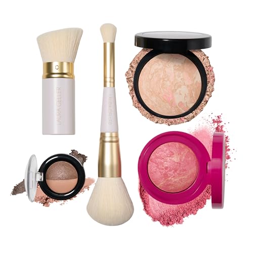 LAURA GELLER Daily Routine Kit | Porcelain | Limited Edition Makeup Set | Includes Baked Foundation for Mature Skin, Exclusive Blush, Eyeshadow, Retractable Kabuki Brush