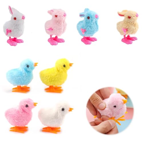 Pollito de Pascua Juguete, Pollito de Pascua Juguete de Cuerda de PeluchePollitos de Pascua Pequeños y Saltarines para Bebé - Colección de 4 Pollitos Pascua y 4 Conejitos Mecánicos con Cuerda